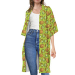 Cute Kiwi Pattern Print Open Front Beach Cover Up