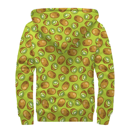 Cute Kiwi Pattern Print Sherpa Lined Zip Up Hoodie