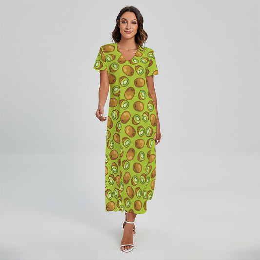Cute Kiwi Pattern Print Short Sleeve Maxi Dress