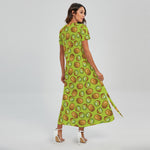 Cute Kiwi Pattern Print Short Sleeve Maxi Dress
