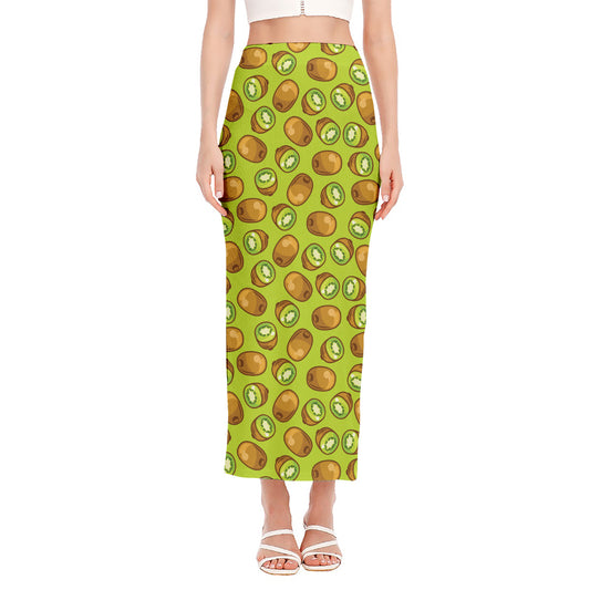 Cute Kiwi Pattern Print Side Slit Maxi Skirt