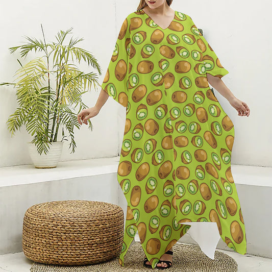 Cute Kiwi Pattern Print Silk V-Neck Kaftan Dress