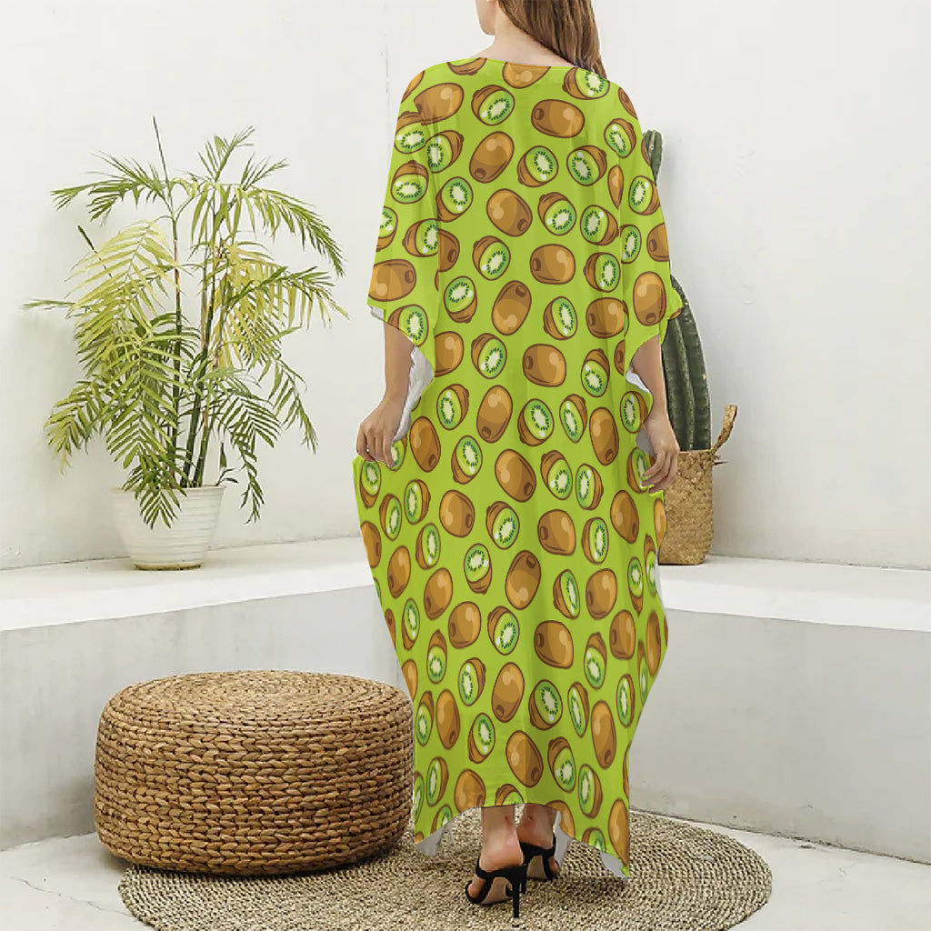Cute Kiwi Pattern Print Silk V-Neck Kaftan Dress