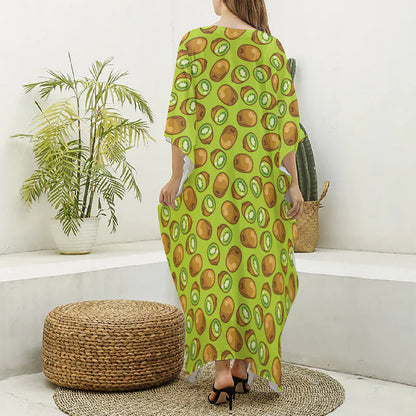 Cute Kiwi Pattern Print Silk V-Neck Kaftan Dress