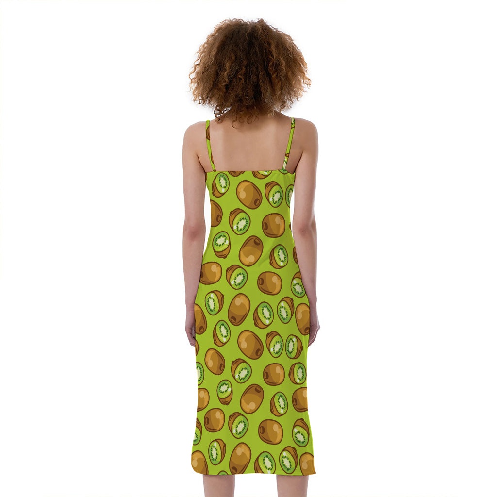 Cute Kiwi Pattern Print Slim Fit Midi Cami Dress