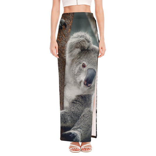 Cute Koala Print High Slit Maxi Skirt