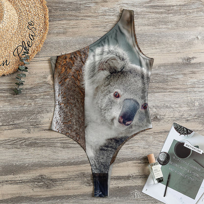 Cute Koala Print One Shoulder Bodysuit