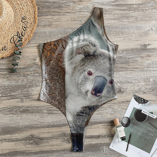 Cute Koala Print One Shoulder Bodysuit