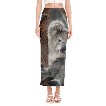 Cute Koala Print Side Slit Maxi Skirt
