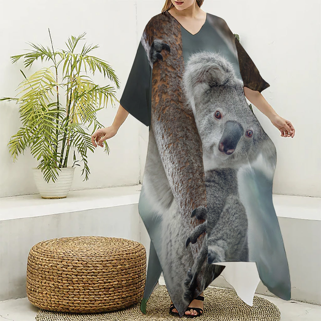 Cute Koala Print Silk V-Neck Kaftan Dress