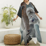 Cute Koala Print Silk V-Neck Kaftan Dress