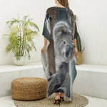 Cute Koala Print Silk V-Neck Kaftan Dress