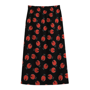 Cute Ladybird Pattern Print Cotton Front Slit Maxi Skirt