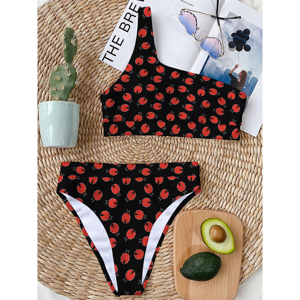 Cute Ladybird Pattern Print One Shoulder Bikini Top