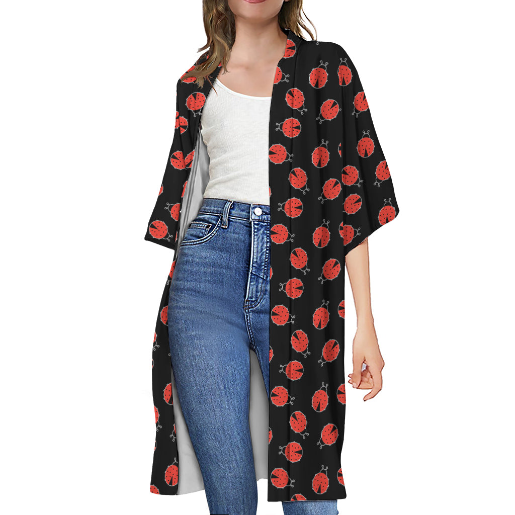 Cute Ladybird Pattern Print Open Front Beach Cover Up