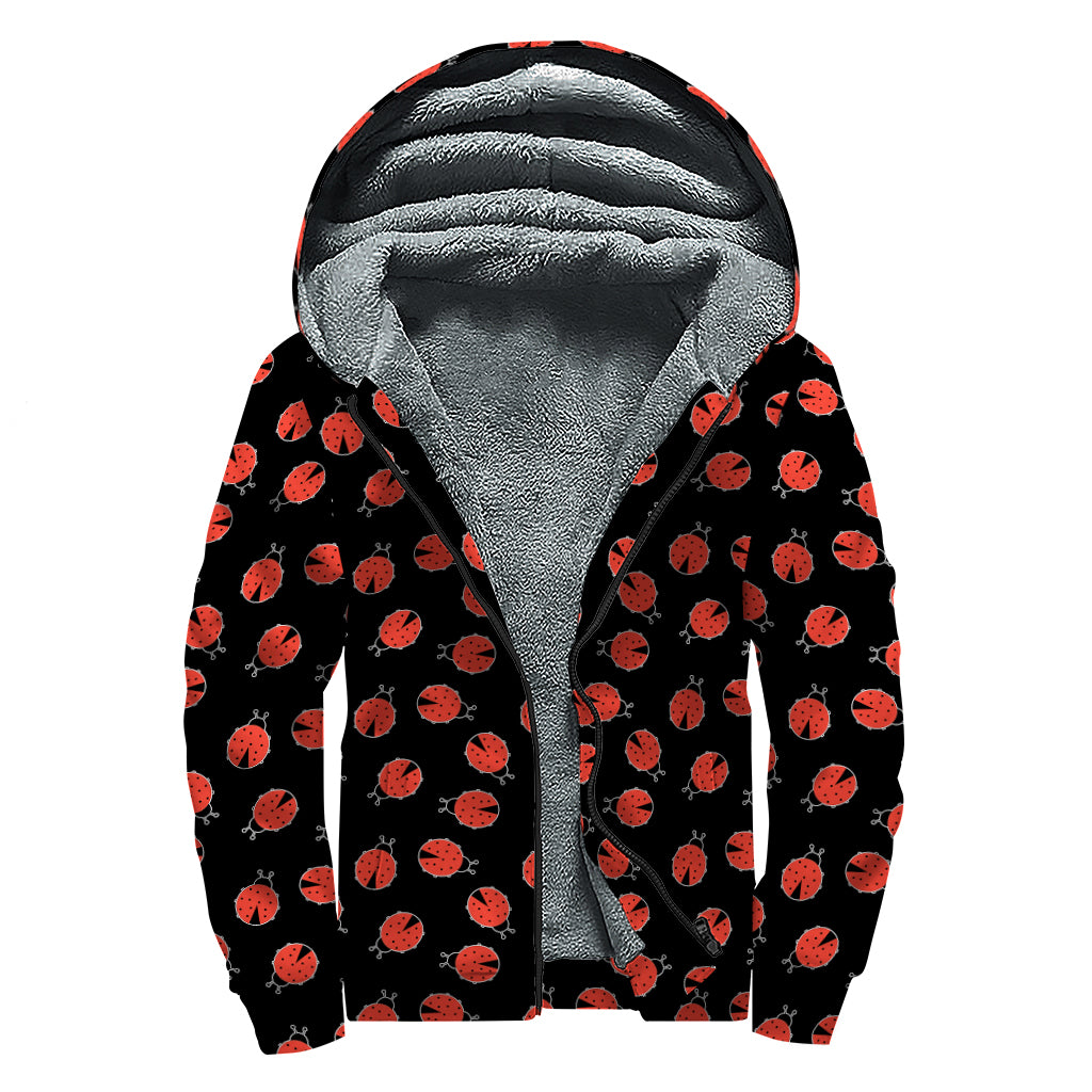 Cute Ladybird Pattern Print Sherpa Lined Zip Up Hoodie