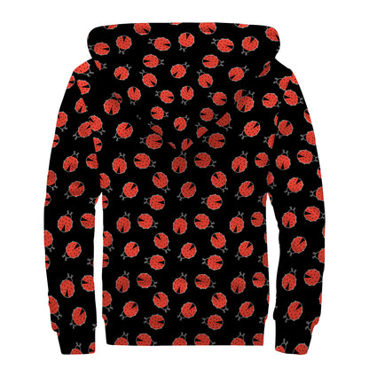 Cute Ladybird Pattern Print Sherpa Lined Zip Up Hoodie