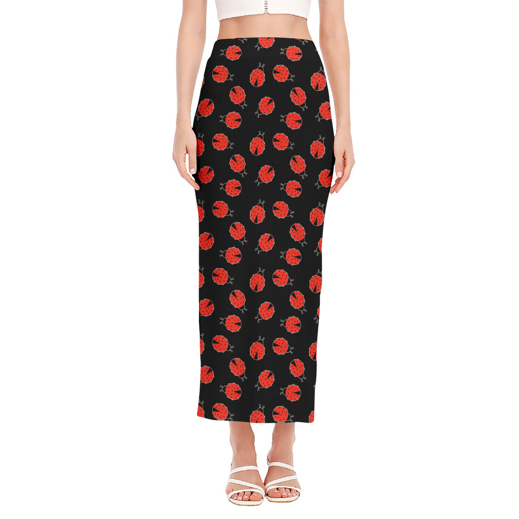 Cute Ladybird Pattern Print Side Slit Maxi Skirt