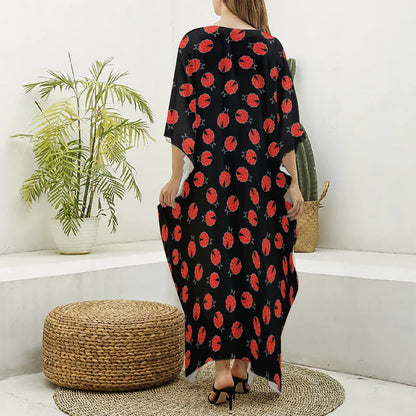 Cute Ladybird Pattern Print Silk V-Neck Kaftan Dress