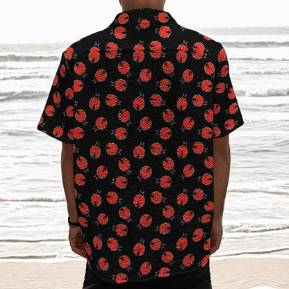 Cute Ladybird Pattern Print Textured Short Sleeve Shirt