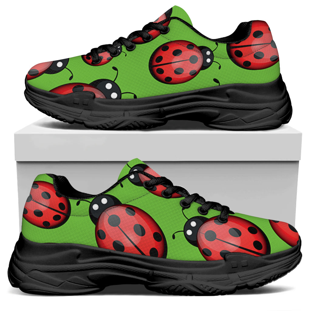Cute Ladybug Pattern Print Black Chunky Shoes