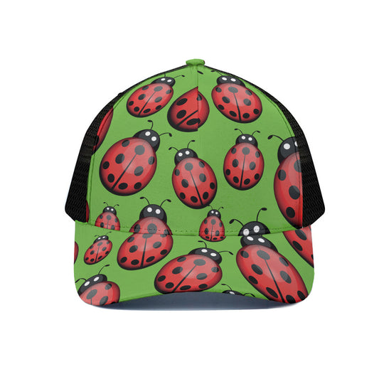 Cute Ladybug Pattern Print Black Mesh Trucker Cap
