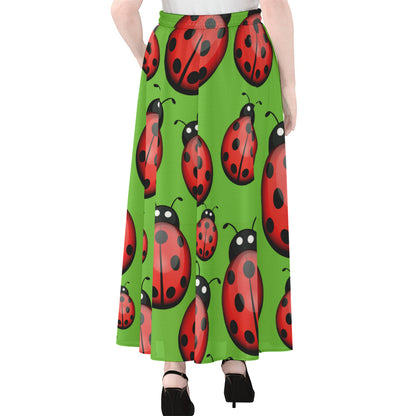 Cute Ladybug Pattern Print Chiffon Maxi Skirt
