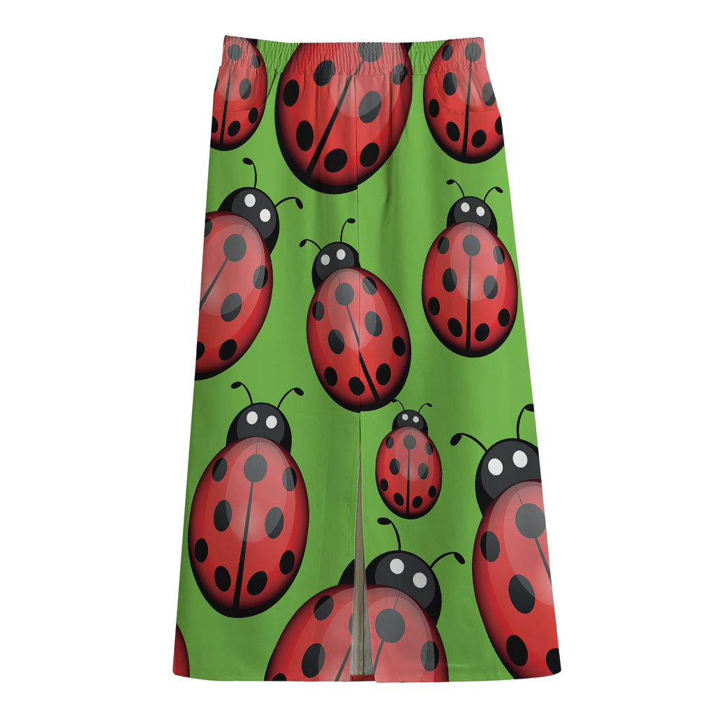 Cute Ladybug Pattern Print Cotton Front Slit Maxi Skirt