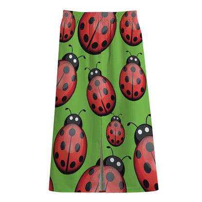 Cute Ladybug Pattern Print Cotton Front Slit Maxi Skirt