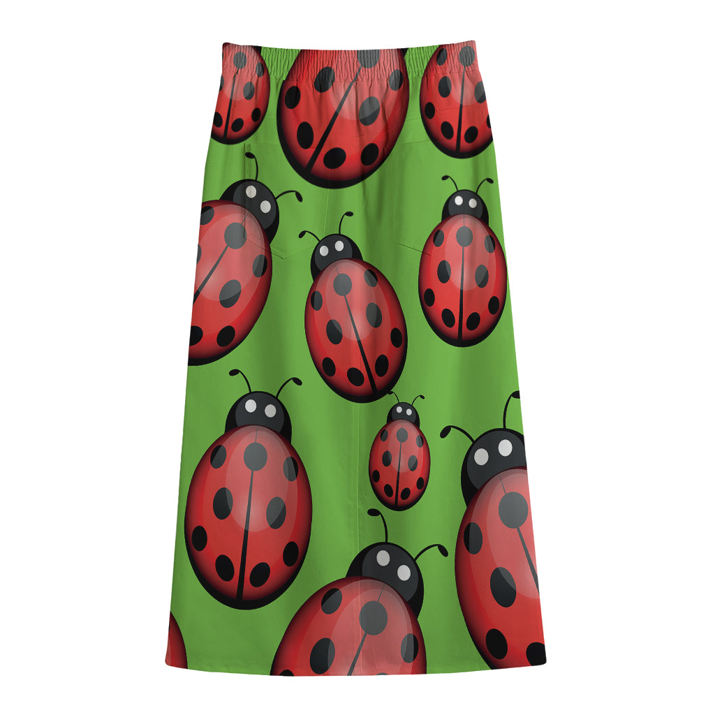 Cute Ladybug Pattern Print Cotton Front Slit Maxi Skirt