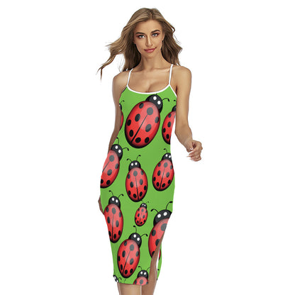 Cute Ladybug Pattern Print Cross Back Cami Dress