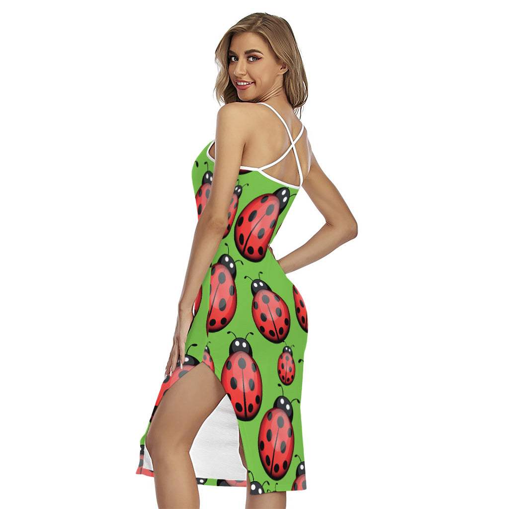Cute Ladybug Pattern Print Cross Back Cami Dress