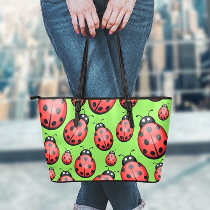 Cute Ladybug Pattern Print Leather Tote Bag