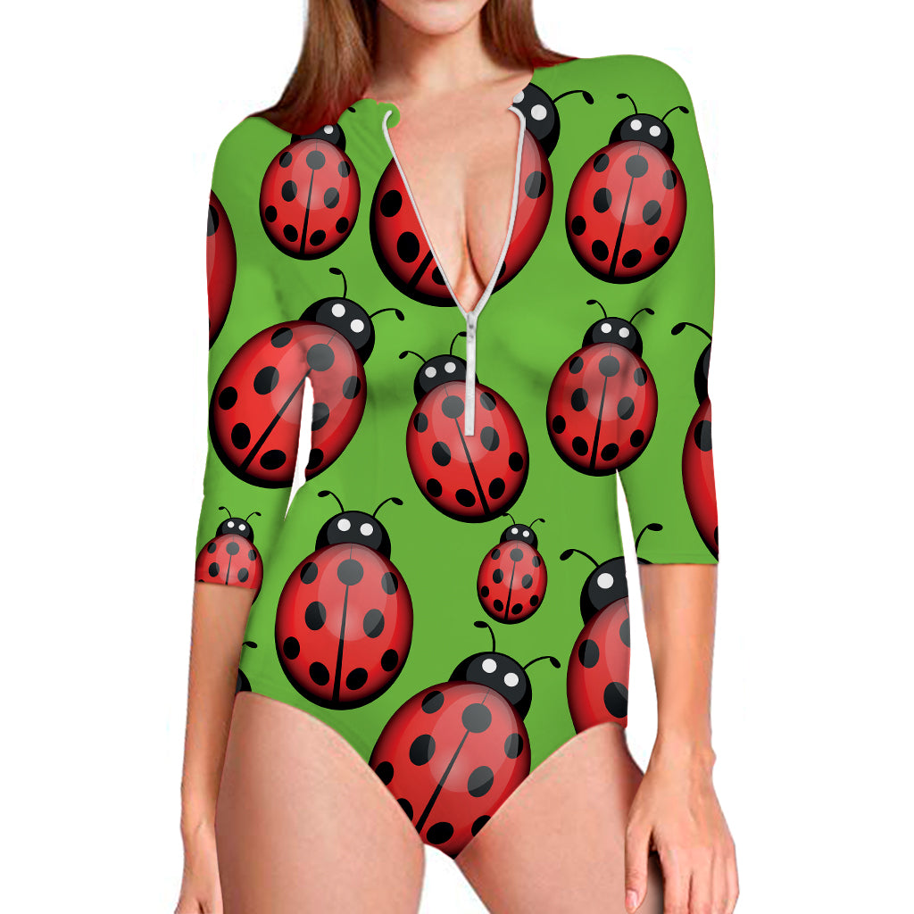 Cute Ladybug Pattern Print Long Sleeve Swimsuit