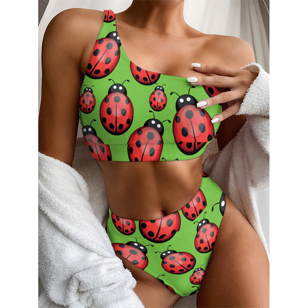 Cute Ladybug Pattern Print One Shoulder Bikini Top