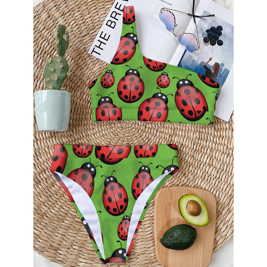 Cute Ladybug Pattern Print One Shoulder Bikini Top