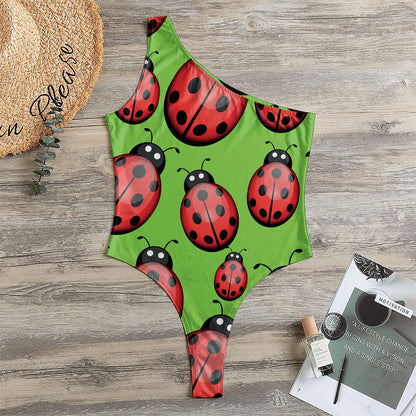 Cute Ladybug Pattern Print One Shoulder Bodysuit