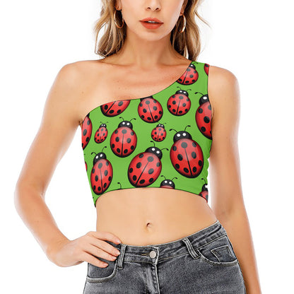 Cute Ladybug Pattern Print One Shoulder Crop Top