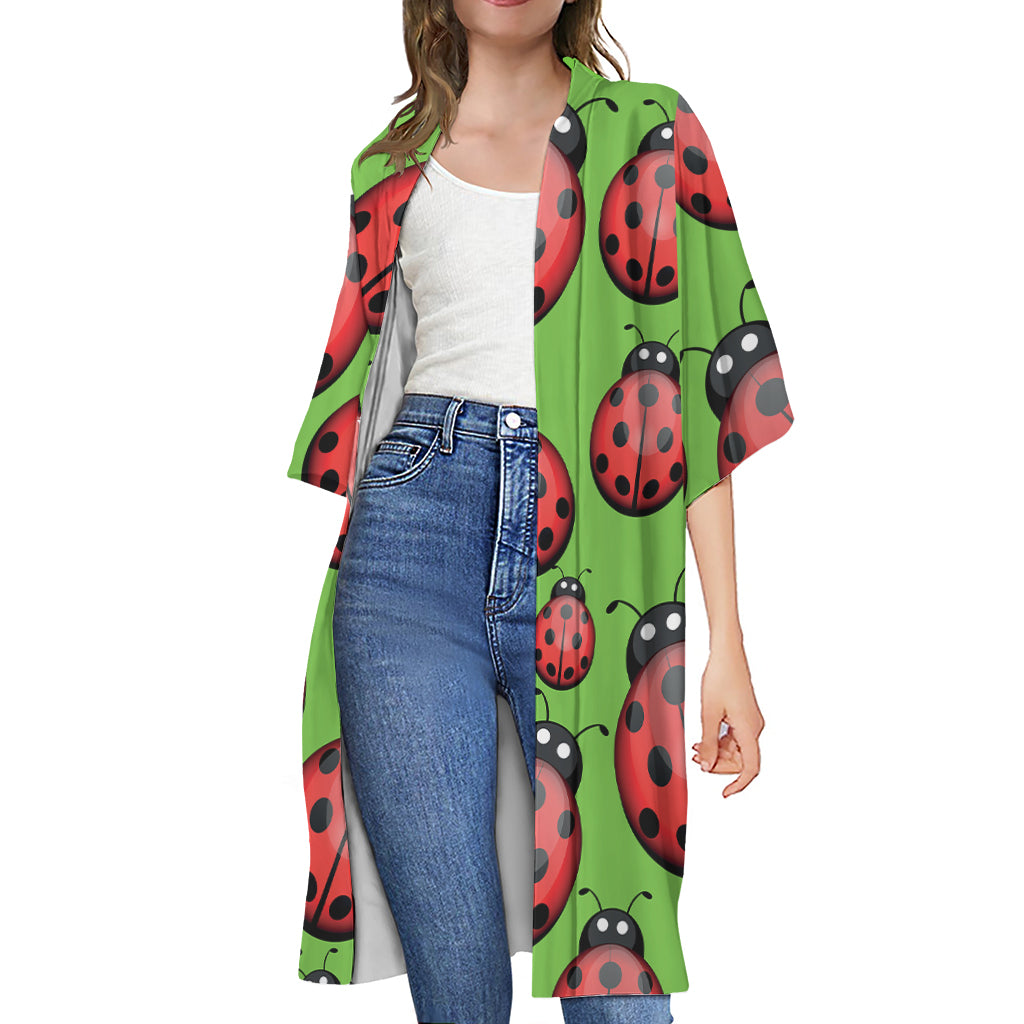 Cute Ladybug Pattern Print Open Front Beach Cover Up