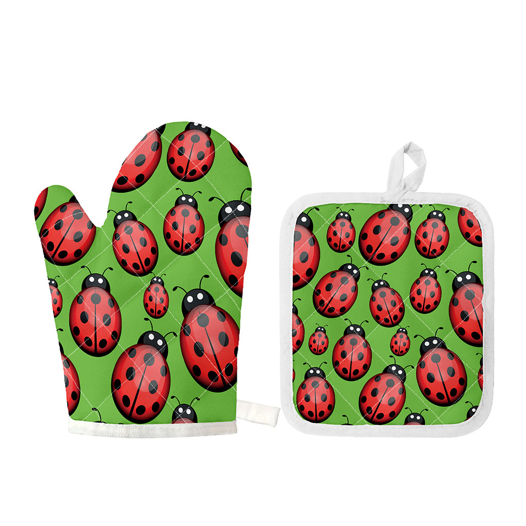 Cute Ladybug Pattern Print Oven Mitt And Pot Holder Set