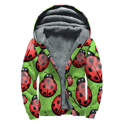 Cute Ladybug Pattern Print Sherpa Lined Zip Up Hoodie