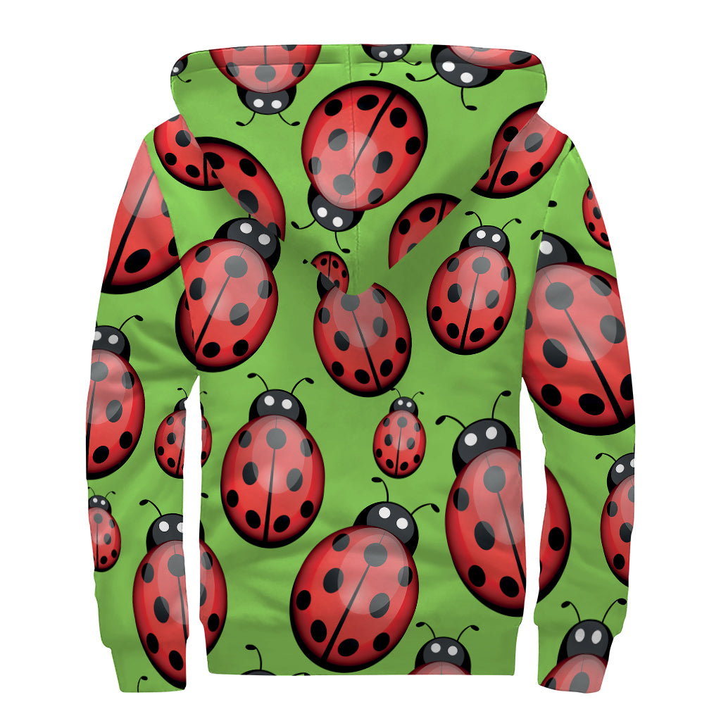 Cute Ladybug Pattern Print Sherpa Lined Zip Up Hoodie