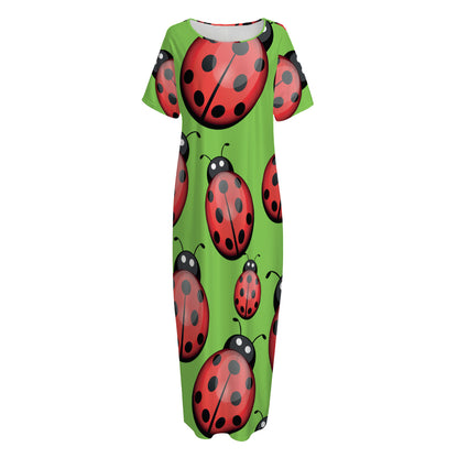 Cute Ladybug Pattern Print Short Sleeve Long Nightdress