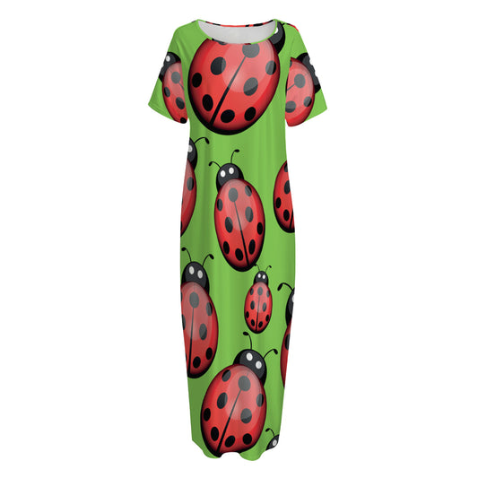 Cute Ladybug Pattern Print Short Sleeve Long Nightdress