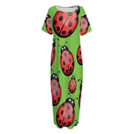 Cute Ladybug Pattern Print Short Sleeve Long Nightdress