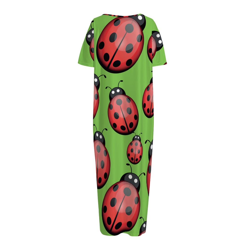 Cute Ladybug Pattern Print Short Sleeve Long Nightdress