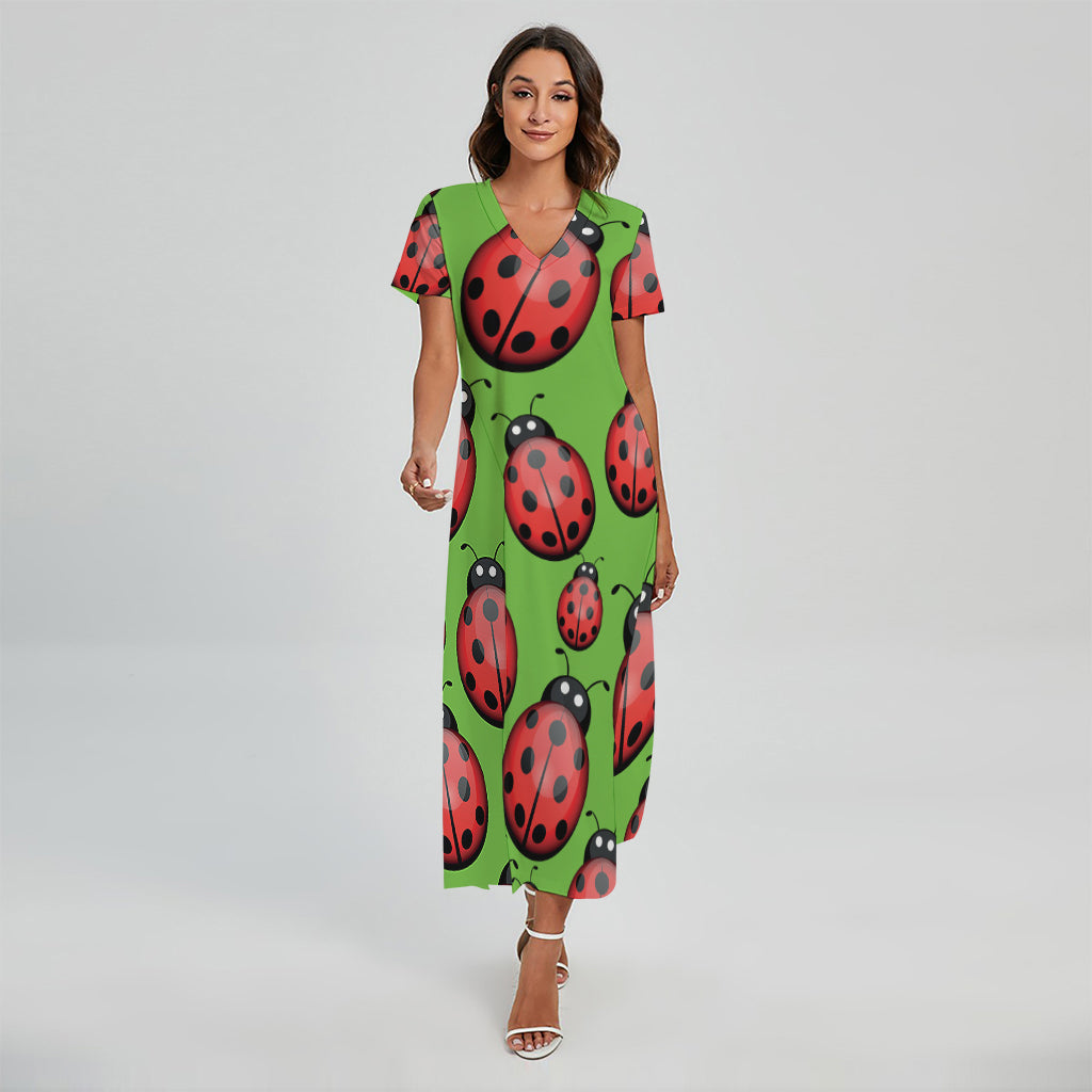 Cute Ladybug Pattern Print Short Sleeve Maxi Dress