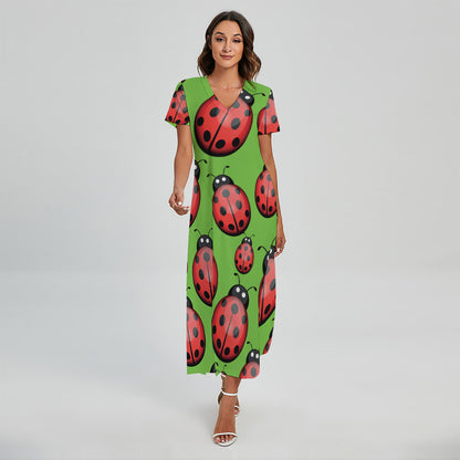 Cute Ladybug Pattern Print Short Sleeve Maxi Dress
