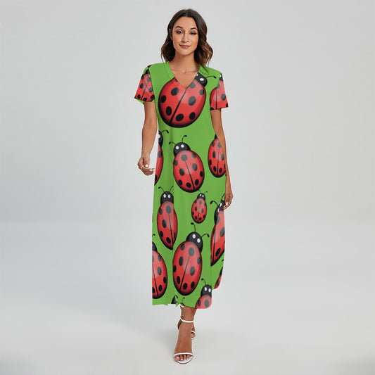 Cute Ladybug Pattern Print Short Sleeve Maxi Dress