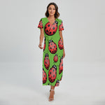 Cute Ladybug Pattern Print Short Sleeve Maxi Dress